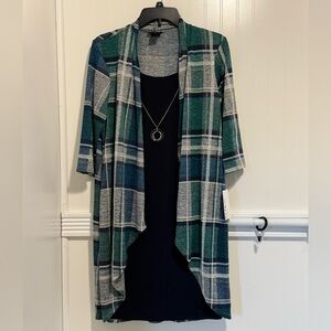 Enfocus Studio Green Plaid Midi Dress with Navy Inner Slip